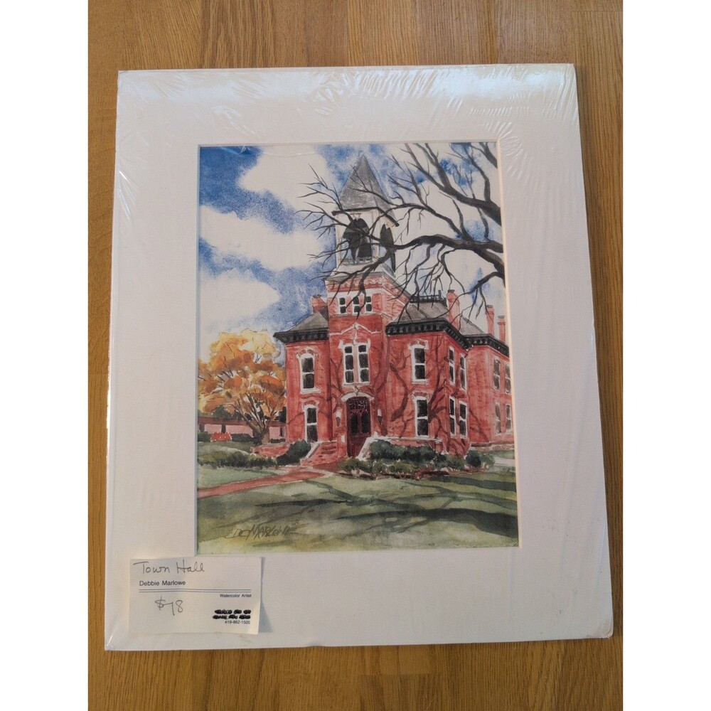 Original Hand Painted Watercolor Of Brick Building, Artist Signed W/Card 11x17